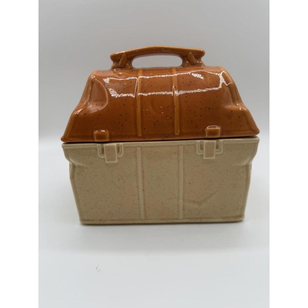 McCoy Pottery Lunch Box Cookie Jar 357 Pale Ceramic Dents Working Man USA Rustic